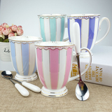简约条纹陶瓷马克杯创意咖啡杯英式下午茶杯子红茶杯配勺女生水杯