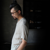 有章亚麻短袖T恤v领皱布轻薄透气中国风原创设计师品牌男装夏款潮