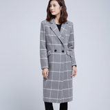 MS呢子外套2015冬新款英伦风气质直筒格子羊毛呢大衣女宽松超长款