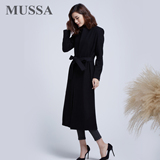 MS欧美呢子外套2015冬装系带黑色加厚修身过膝超长款大衣女毛呢