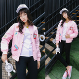 2016春秋韩版bf原宿风女学生夹克棒球服长袖百搭宽松字母粉色外套