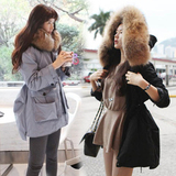 韩国代购大毛领棉衣女中长款收腰韩版工装貉子毛连帽大码女装外套