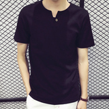 夏季男士短袖T恤个性V领纽扣韩版简约纯色打底衫体恤男装衣服潮牌