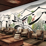 中式怀旧水墨山水江南水乡壁纸餐厅饭店火锅店背景墙纸大型壁画