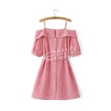杰西莱2016夏新款第四波粉色条纹露肩吊带一字领连衣裙620411333