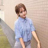 夏季女装韩版气质宽松显瘦中袖衬衫显瘦短款休闲上衣学生格子衬衣