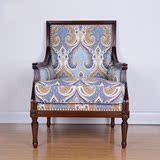 法式新古典欧式美式乡村实木复古雕刻布艺单人沙发休闲扶手单人椅