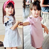 亲子装母女韩国童装女童夏装韩版漏肩竖条纹裙儿童短袖露肩连衣裙