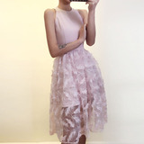 CARIEDO独家设计定制超美樱花粉立体羽毛连衣裙夏装新款收腰显瘦