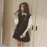 韩国ulzzang新款学院风假两件衬衫百褶裙娃娃领学生黑色连衣裙女