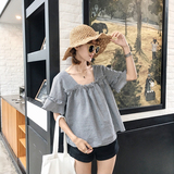 2016夏季韩国女装宽松大码黑白格子上衣休闲百搭荷叶袖娃娃衬衫女