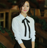 2016秋季女装新款韩版百搭白色长袖衬衫女文艺雪纺领结学生打底衫