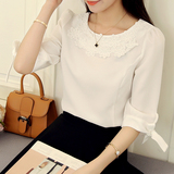 2016新款韩版白色花朵雪纺衫中长袖女夏休闲上衣甜美纯色圆领T恤