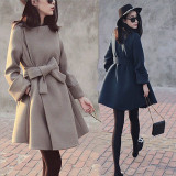 韩国秋冬季妮子腰带2016新款中长款 收腰茧型双面羊绒大衣女外套