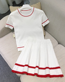 A510夏季韩版镂空圆领短袖针织衫上衣+高腰半身裙伞裙两件套装女