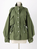 2015春装新款韩国代购潮灯笼袖立领收腰军绿色工装风衣外套女短款