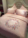 粉色婚庆床上用品全棉提花刺绣结婚60支贡缎床单式浪漫纯棉四件套
