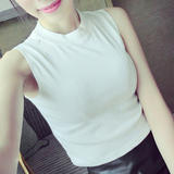 韩版夏季新款半高领无袖背心女短款纯棉白色上衣修身打底衫女T恤