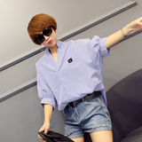 条纹衬衫女短袖夏季新款韩版宽松显瘦灯笼袖立领衬衣刺绣小标上衣