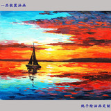 欧式客厅玄关日出帆船海景清新风景油画定制 纯手绘 横幅 包邮
