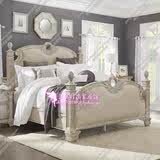 美式高端卧室雕花床 法式复古做旧布艺软包双人床欧式实木双人床