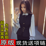 2016秋装新款韩版女式灯笼袖拼接马甲假两件长袖衬衫收腰上衣外套