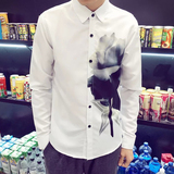2016春季新款男士衬衫男长袖修身型韩版休闲3D白色印花衬衣男装潮