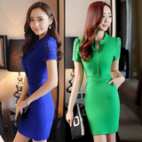 新款韩版女装绿色裙子夏针织包臀v领短袖镂空收腰修身蓝色连衣裙