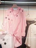 2016韩国代购亮片星星贴布条纹衬衫女长袖宽松中长款衬衣韩范J891