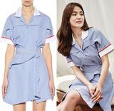 韩国代购2016夏季新款明星宋慧乔同款修身气质白领蓝白条纹连衣裙