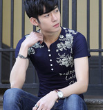 男士T恤短袖V领夏季修身纯棉印花半截袖男装韩版潮流青年个性上衣