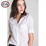 C＆A女式轻薄纯棉长袖衬衫 2016早春新款纯色休闲挽袖CAECD116052