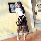 2016夏季韩版高腰黑色蕾丝修身半身裙中长款A型透视网纱蕾丝裙