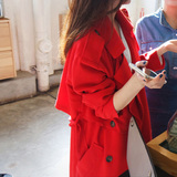 红色风衣女中长款2016春秋款韩版宽松收腰双排扣长袖纯色大码外套
