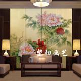 定制手绘客厅简约现代金箔漆画花鸟牡丹花开富贵可移动屏风背景墙