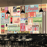 个性英伦复古拼图创意壁纸餐厅休闲吧咖啡厅背景墙纸大型无缝壁画