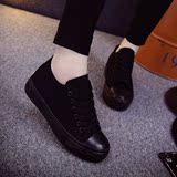 全黑色工作鞋厚底帆布鞋女系带中学生隐形内增高6cm韩版潮松糕鞋