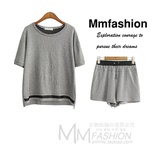 MMFS外贸原单剪标女装韩国单套装女运动风短袖T恤+短裤网纱两件套