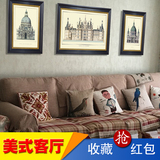 美式简欧客厅沙发背景墙上装饰画有框三联画建筑风景城堡教堂挂画
