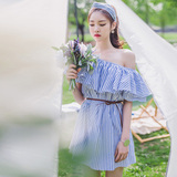 夏季新款2016韩版女装宽松露肩一字领条纹衬衫连衣裙显瘦A字短裙