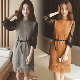 套装裙秋季韩版新款女装蕾丝衫上衣长款打底背心毛衣两件套连衣裙