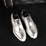 JINIWU2016大银鞋来袭布洛克雕花镜面银牛皮手工白色厚底潮松糕鞋