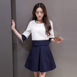 2016春装新款韩国女装正品两件套撞色五分袖上衣半身裙显瘦套装女