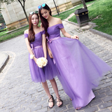 2016新款烟灰紫伴娘礼服长短款姐妹裙一字肩长袖修身礼服年会礼服