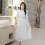 少女夏装新款韩版女士长裙高中学生蕾丝连衣裙七分袖白色淑女裙子