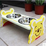 新品宠物食盆猫狗兔餐桌 维尼熊餐桌木制架子含2只不锈钢碗