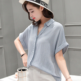 2016夏季新款韩版女装宽松休闲时尚气质上衣 V领蝙蝠短袖纯色衬衫