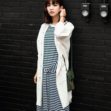 2016秋季新款韩版女装休闲纯色中长款长袖开衫白色pu拼接衬衫外套