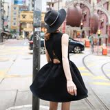 杨泡泡韩版2016夏季新款V领时尚修身连衣裙中长款无袖纯色小黑裙