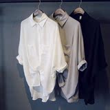 春季新款韩国韩范中长款宽松七分袖蝙蝠袖雪纺女式衬衣纯色白衬衫